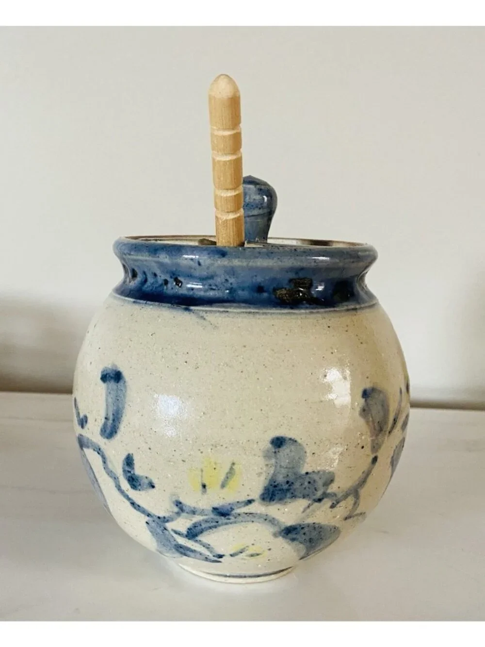 Mitchell Handmade Art Pottery Honey Pot Jar With Wood Dipper Signed